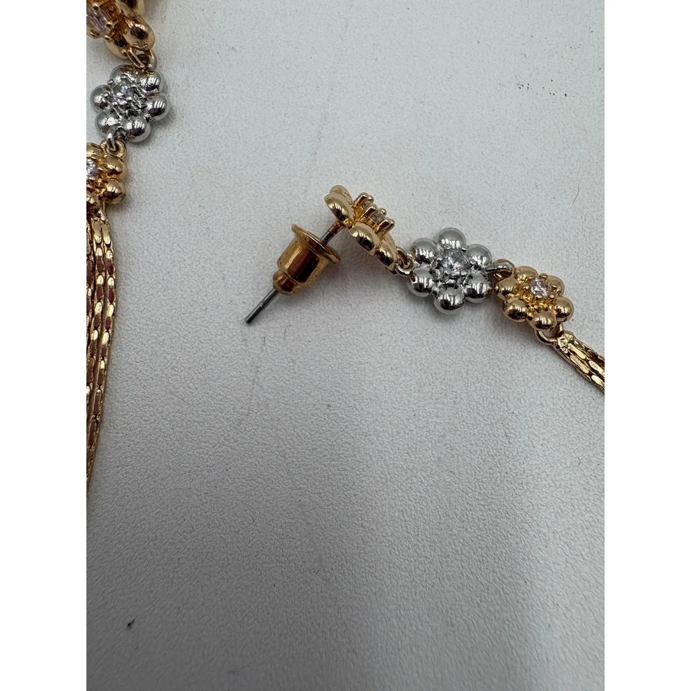 Floral Metallic Drop Earrings Gold Silver Tone Mixed Metal Tassel Dangle Womens